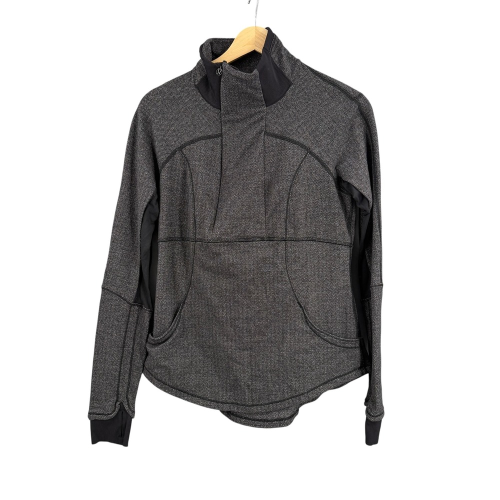 Lululemon Base Runner‎ Pullover Size 10 Gray Black Herringbone Half Zip